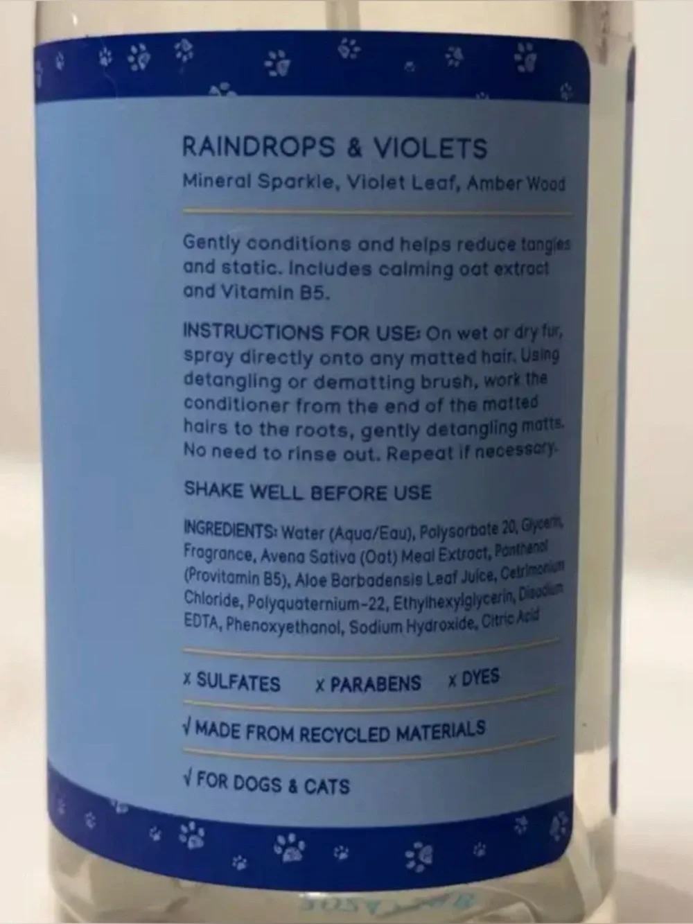 NEW B&BW Purrfect Paws Pet Detangling Spray for Cats & Dogs, Raindrops & Violet